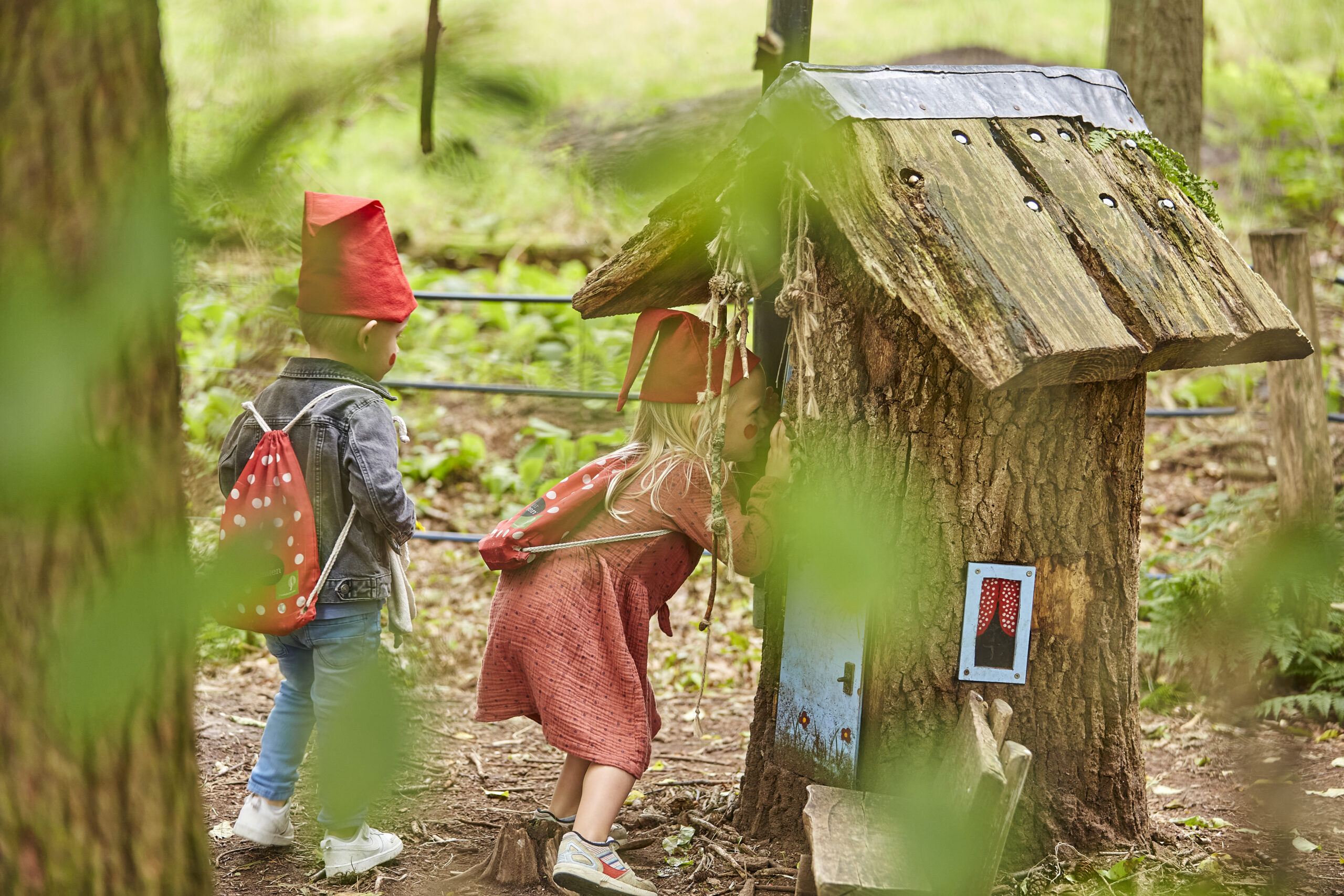 Twee kinderen met rode mutsen kijken naar een miniatuurtje in een boom in een bos.