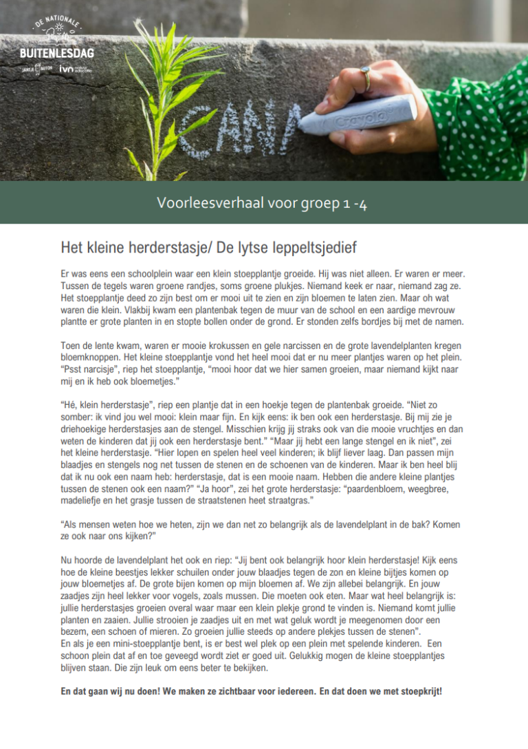 Een hand schrijft met stoepkrijt op een muur met een plant; tekst voor jongere leerlingen.