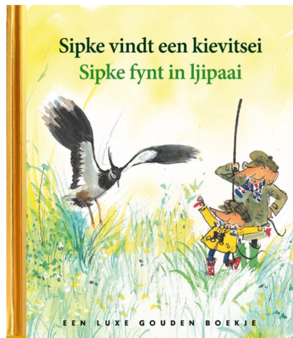 Omslag met een kievit en twee blije kinderen in een weiland, tekst in Nederlands en Fries.