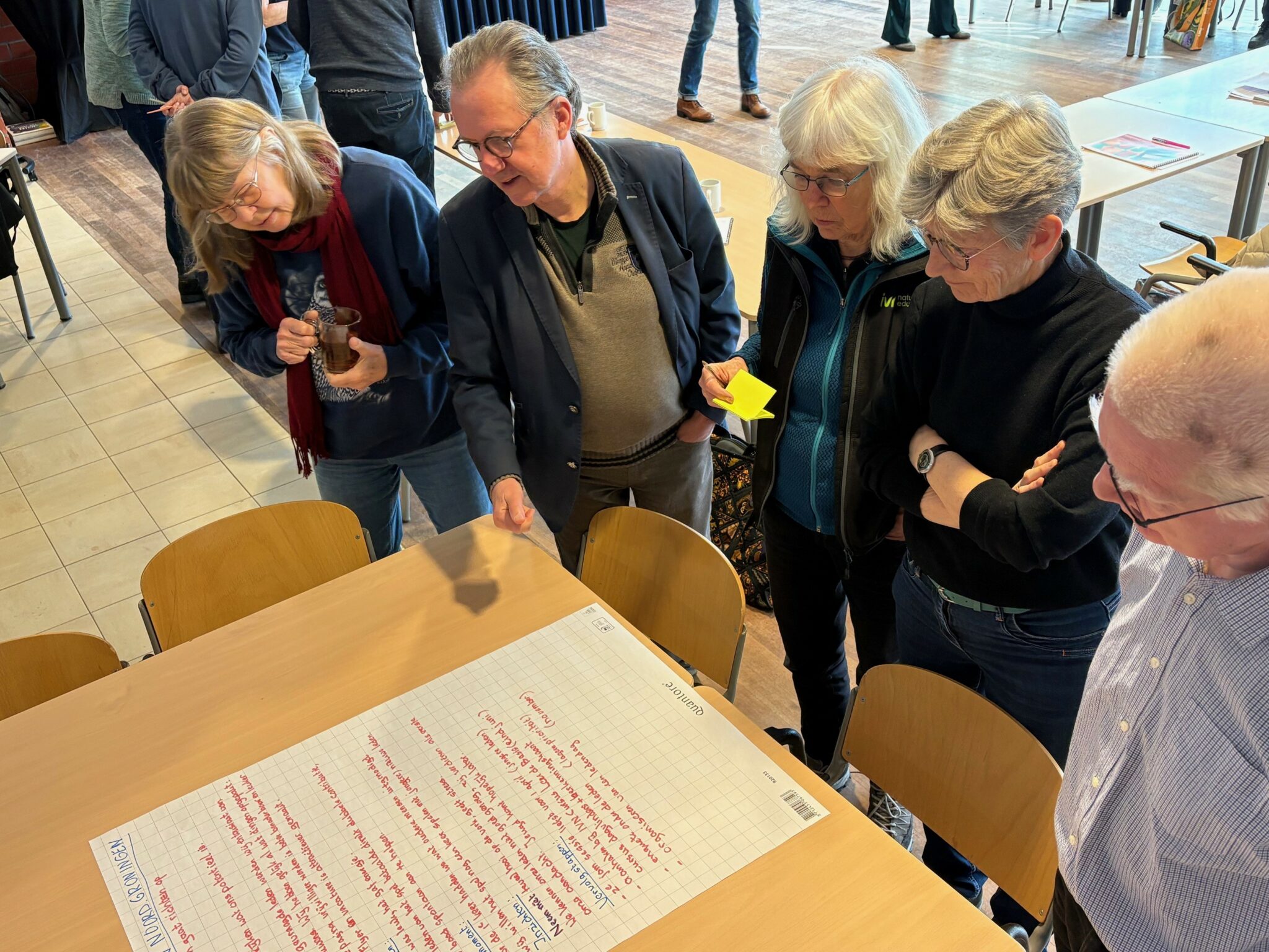 Mensen staan rond een tafel en lezen een groot vel papier met notities.