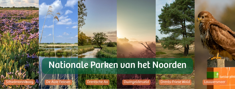 Afbeelding van zes Noordelijke Nationale Parken met landschapsfoto's en een roofvogel.