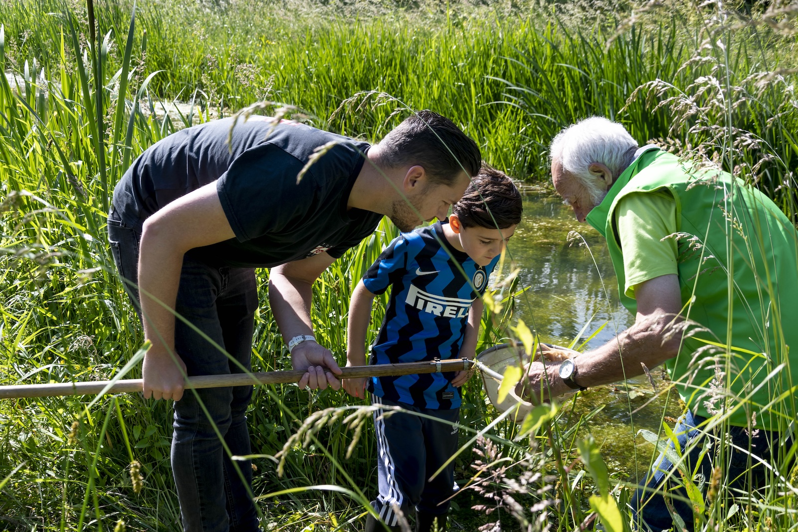 Twee mannen en een jongen onderzoeken een net bij een vijver in een groene omgeving.