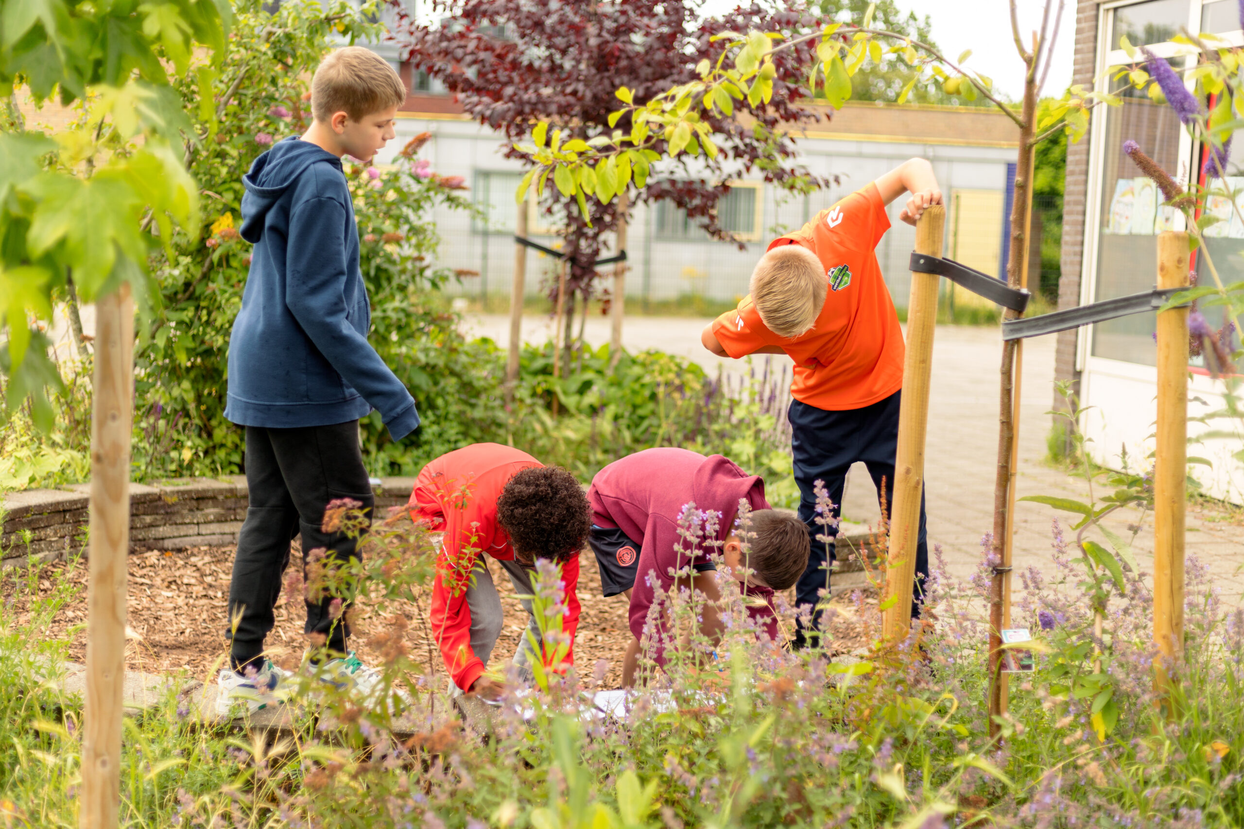 Vier kinderen verkennen een tuin en buigen zich over de grond, omringd door planten.