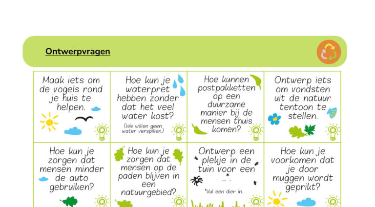 Groene tabel met ontwerpvragen over duurzaamheid, natuur en milieu, met kleurrijke illustraties.