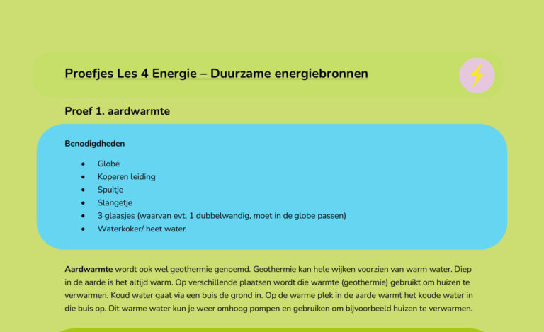 Instructies voor een aardwarmteproef met benodigdheden en uitleg over geothermie.