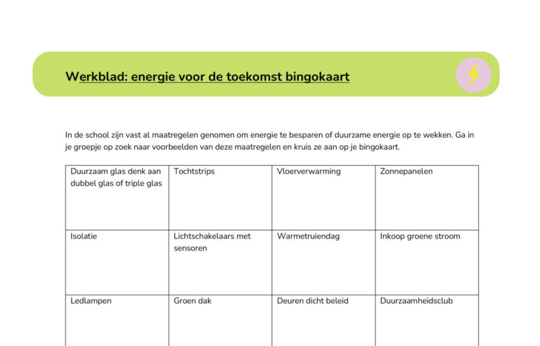 Bingokaart over energiebesparing met duurzame maatregelen zoals zonnepanelen en ledlampen.