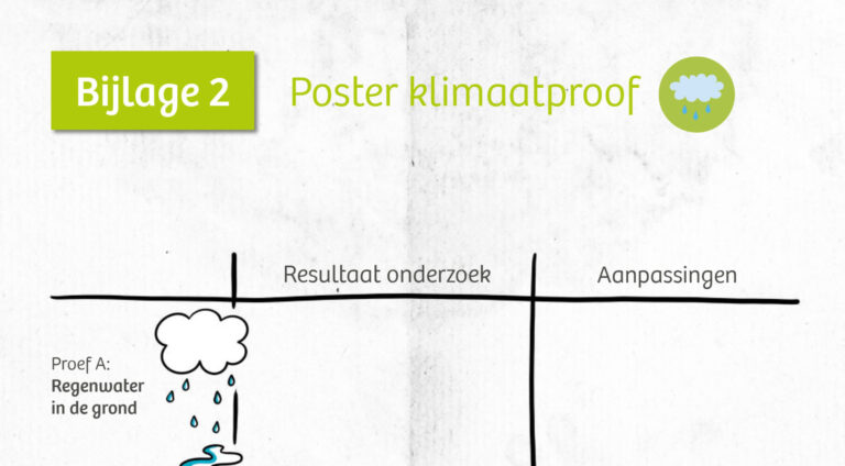Poster met drie klimaatexperimenten: regenwater, hitte en planten met bijen op schoolplein.