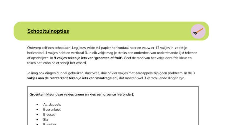 Instructies voor schooltuinontwerp met keuzes voor groenten, fruit en maatregelen.