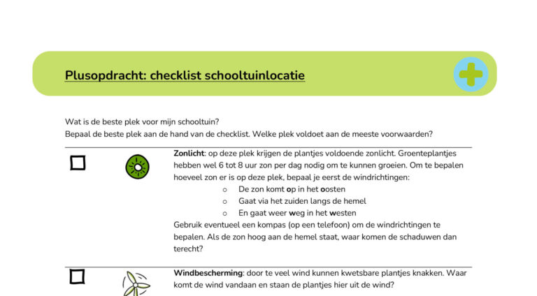 Checklist voor schooltuin met criteria: zonlicht, windbescherming, water, gezonde bodem en dierenruimte.