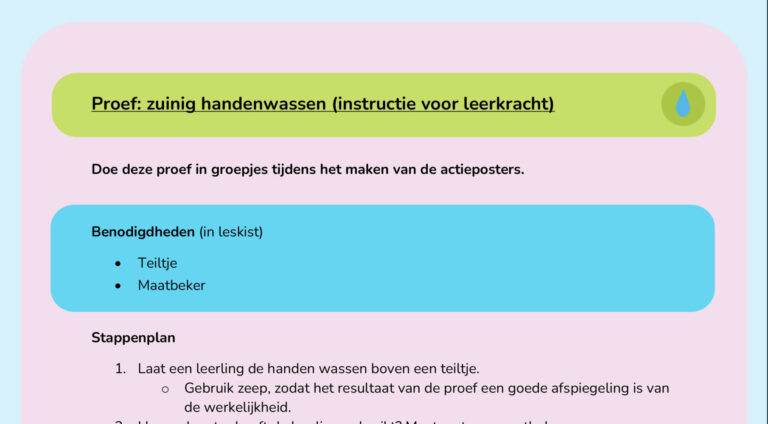 Instructies voor een proef in zuinig handenwassen met benodigdheden en stappenplan voor leerkrachten.