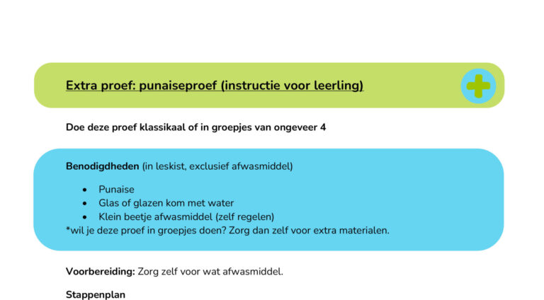 Punaiseproefinstructie voor leerlingen; benodigdheden: punaise, waterglas, afwasmiddel.
