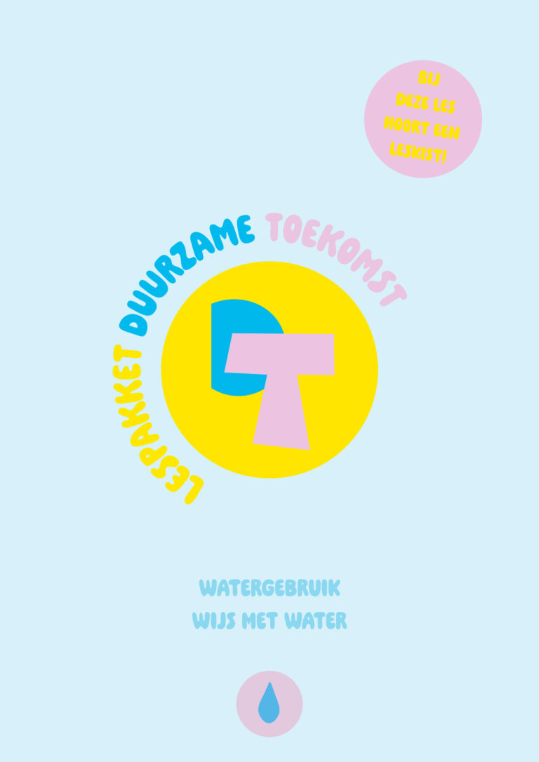 Lespakket 'Duurzame Toekomst' over watergebruik, met kleurrijke letters en een leskist vermelding.