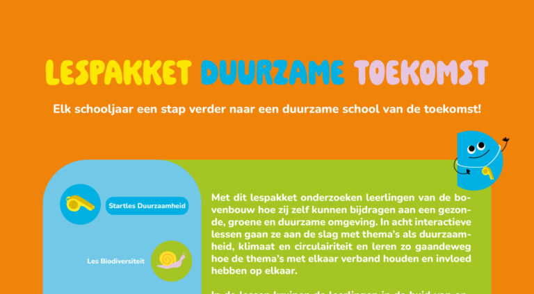 Lespakket Duurzame Toekomst illustratie met kleurrijke tekst en educatieve thema-iconen.