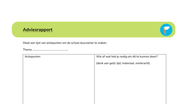 Formulier met actiepunten voor duurzamer maken van school, met kolommen voor acties en benodigdheden.