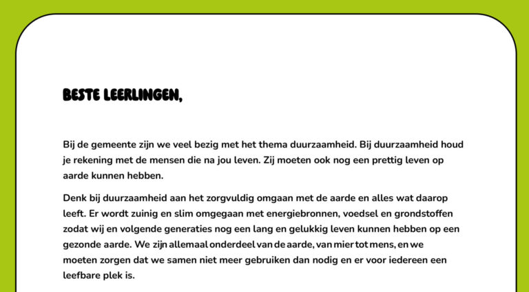 Brief van de gemeente aan leerlingen over duurzaamheid met aandacht voor zes thema's.