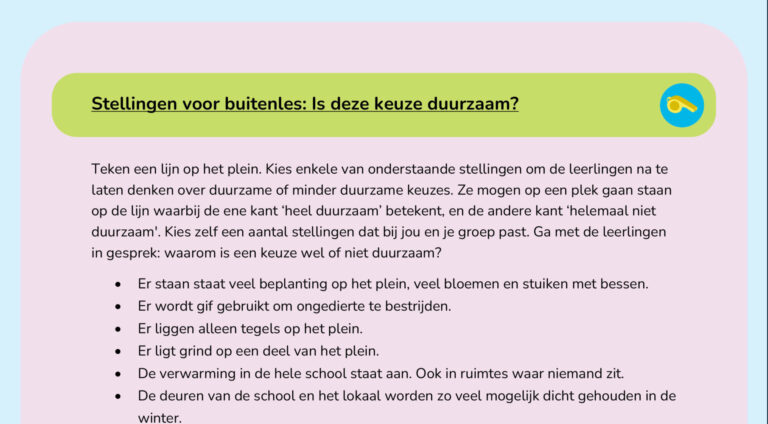 Afbeelding met opdrachten over duurzame keuzes met een oranje cartoonfiguur onderaan.