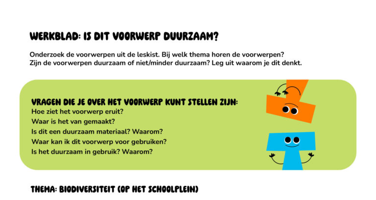 Werkblad voor duurzaamheidsonderzoek met vragen en drie thema's: biodiversiteit, klimaat, energie.