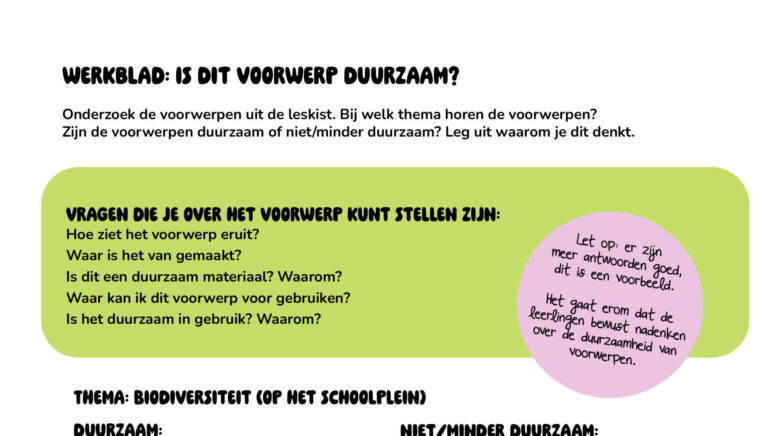 Werkblad over duurzaamheid; bevat themavoorbeelden voor biodiversiteit, klimaat en energie.