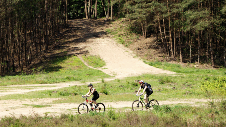 Twee mountainbikers rijden op een zandpad langs een bosrijke heuvel.