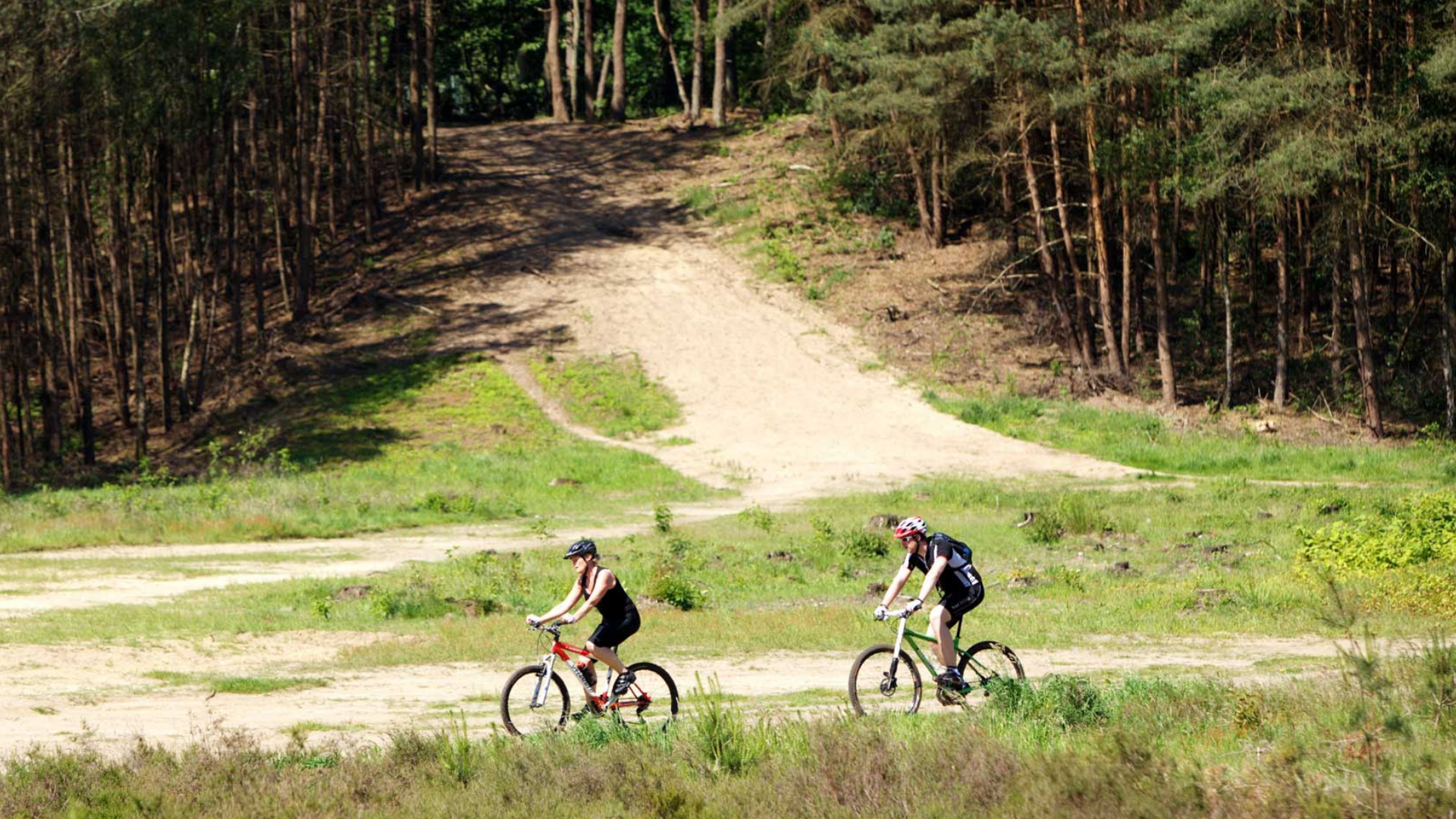 Twee mountainbikers rijden op een zandpad langs een bosrijke heuvel.