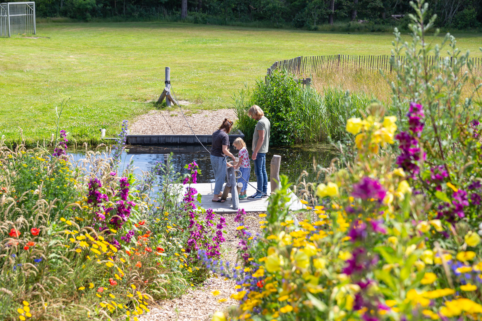 Drie mensen staan op een houten platform bij water, omringd door kleurrijke bloemen en gras.