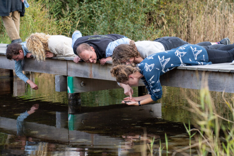 Mensen liggen op een steiger en kijken naar het water, omringd door gras en bomen.