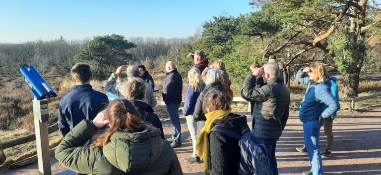 Groep mensen kijkt naar het landschap in een bosrijk gebied onder een heldere, blauwe lucht.