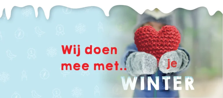 Een kind houdt een rood, gebreid hart vast; tekst: 