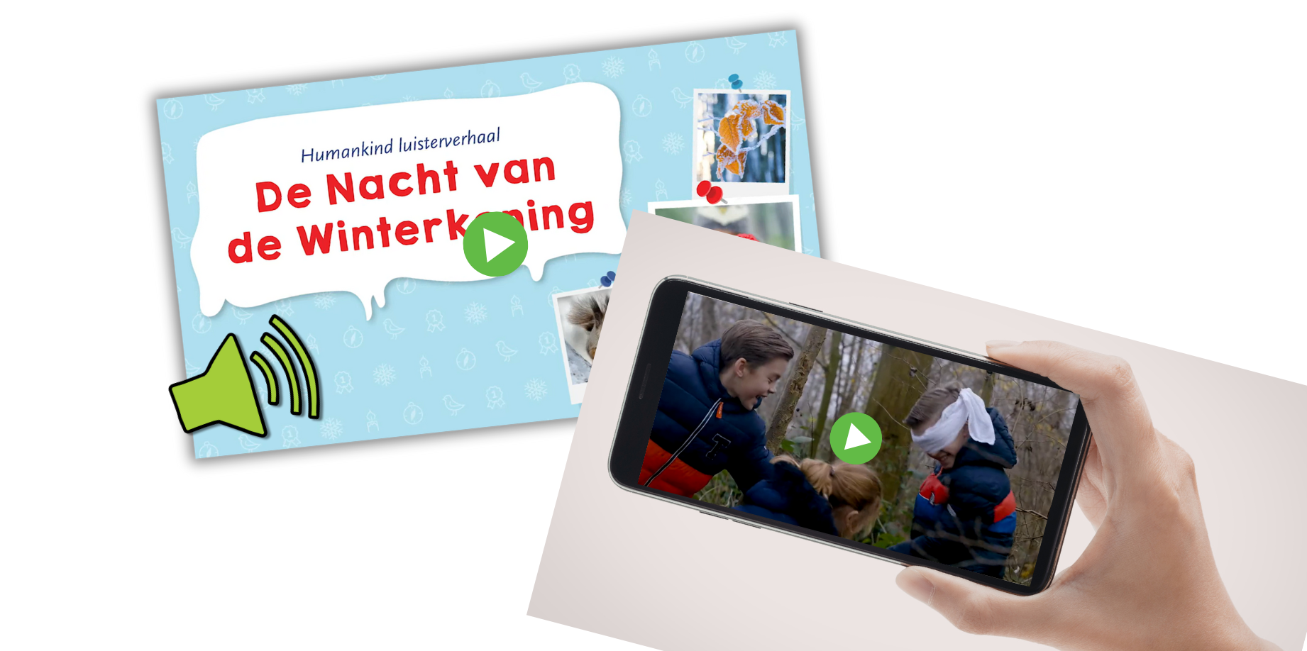 Aankondiging van het luisterverhaal "De Nacht van de Winterkoning" met een video op smartphone.