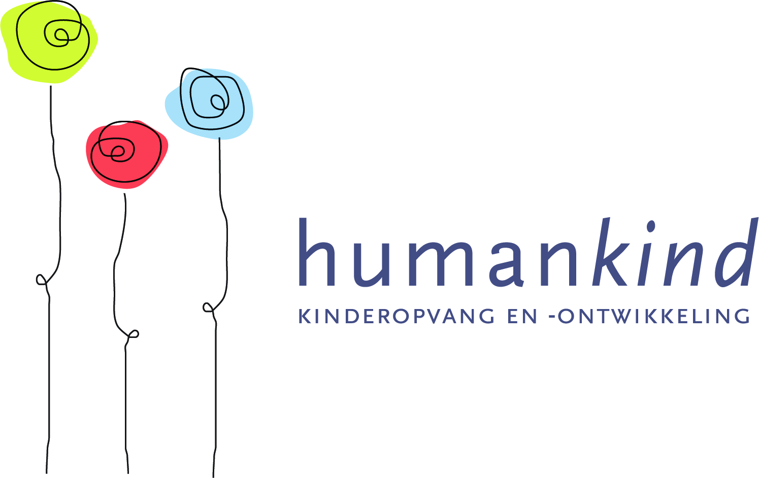 Drie kleurrijke lijnbloemen naast de tekst "humankind kinderopvang en -ontwikkeling".