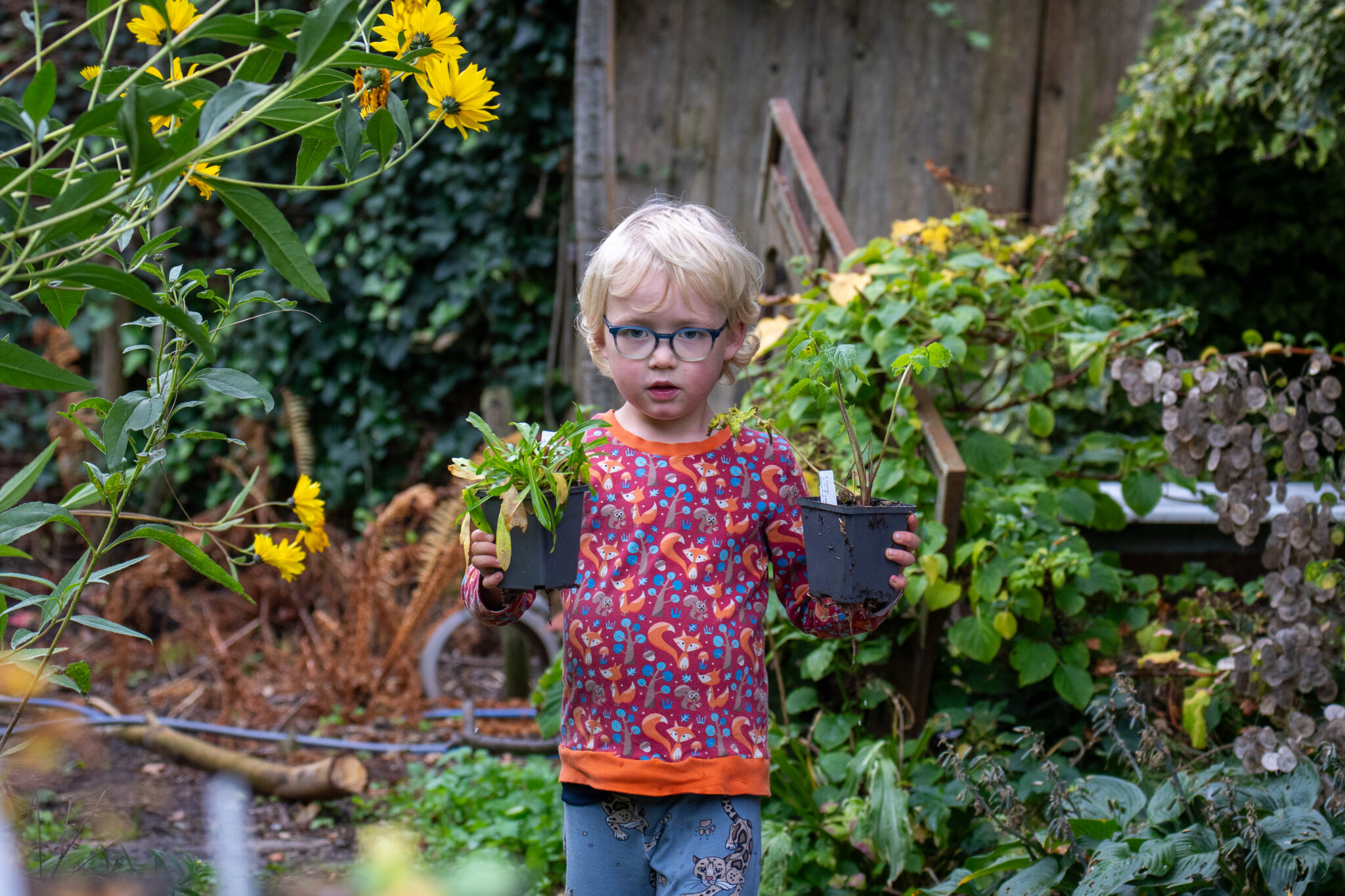 Kind met bril houdt twee plantjes vast in een tuin met gele bloemen en veel groen.