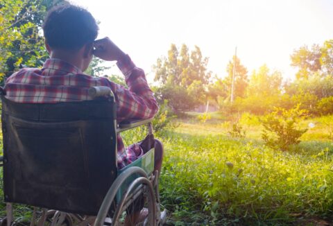 Man in rolstoel kijkt vanuit een tuin naar de zonsondergang.