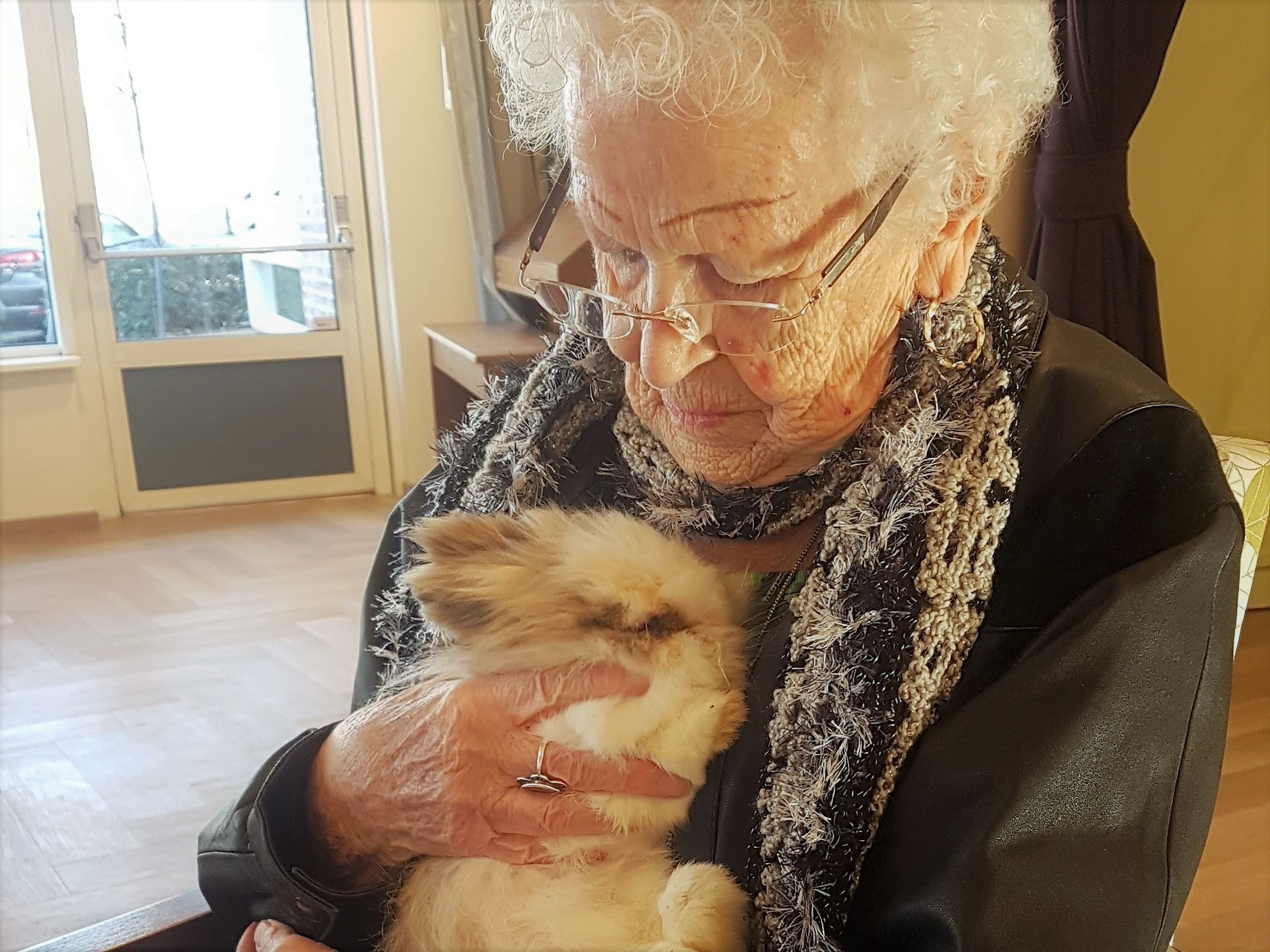 Oudere vrouw met bril knuffelt een zacht konijn in een lichte kamer.