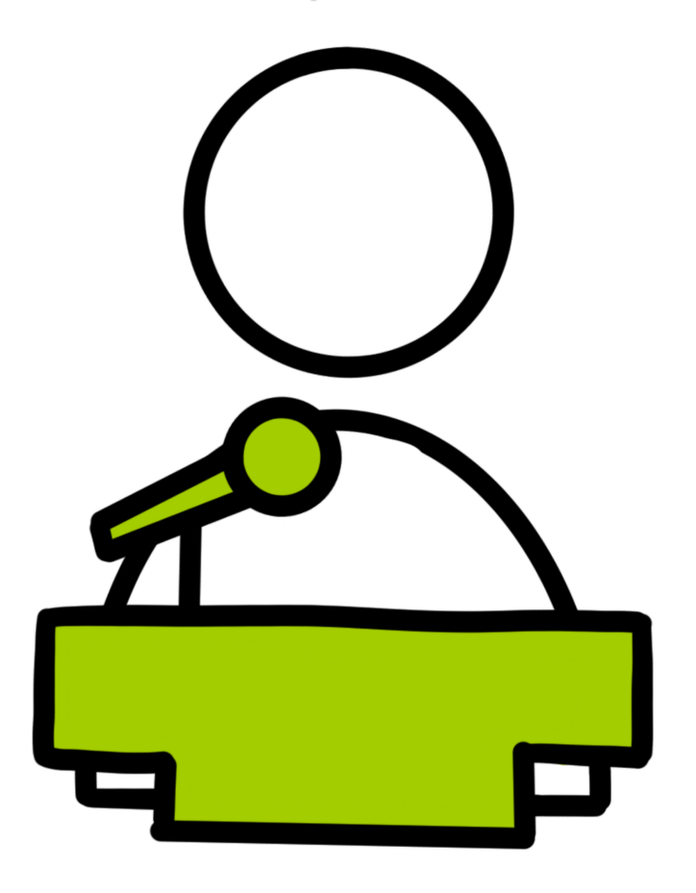 Pictogram van een persoon achter een katheder met microfoon, heldere kleuren op een zwarte achtergrond.