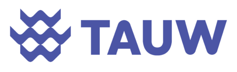 Logo van TAUW met blauwe golvende lijnen naast de tekst "TAUW".