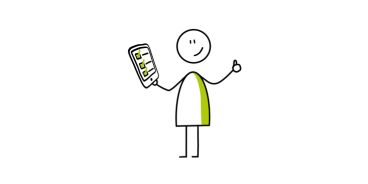 Stokfiguur met mobiel apparaat en duim omhoog, glimlachend gezicht.