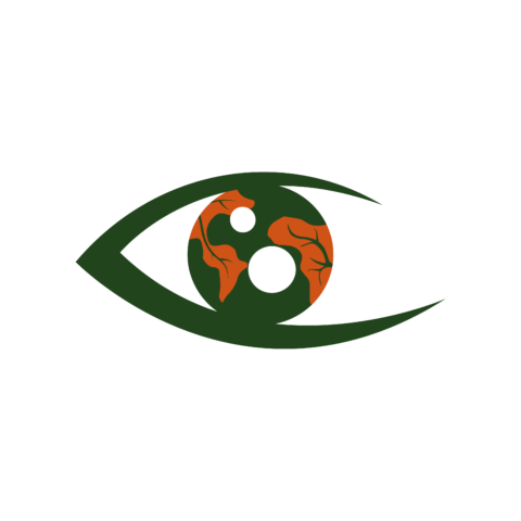 Groen ooglogo met een wereldbol als iris, oranje continenten.
