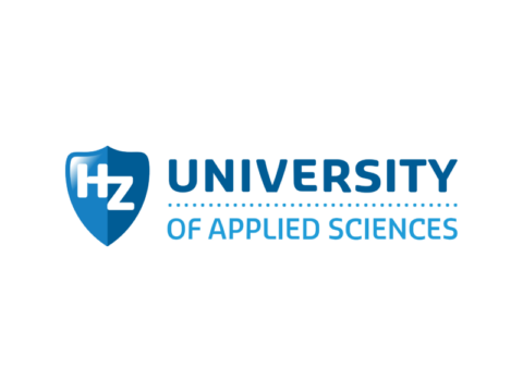 Logo van HZ University of Applied Sciences, blauw schild met witte tekst.