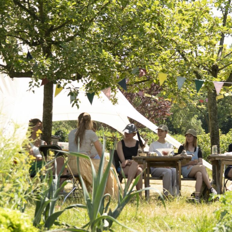 Groep mensen zit buiten aan tafels onder bomen met kleurrijke vlaggetjes in een zomerse tuin.