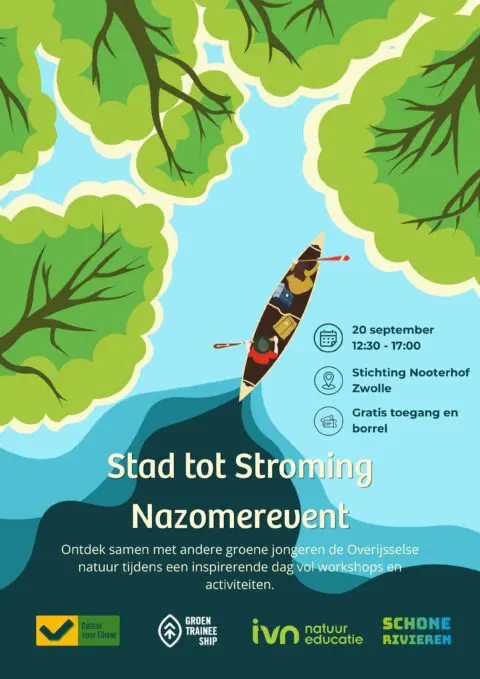 Illustratie van kano op rivier omsloten door bomen, met tekst over Nazomerevent op 20 september.