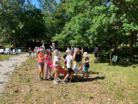 Groep kinderen speelt een buitenspel met blinddoeken in een zonnig bosrijke omgeving.