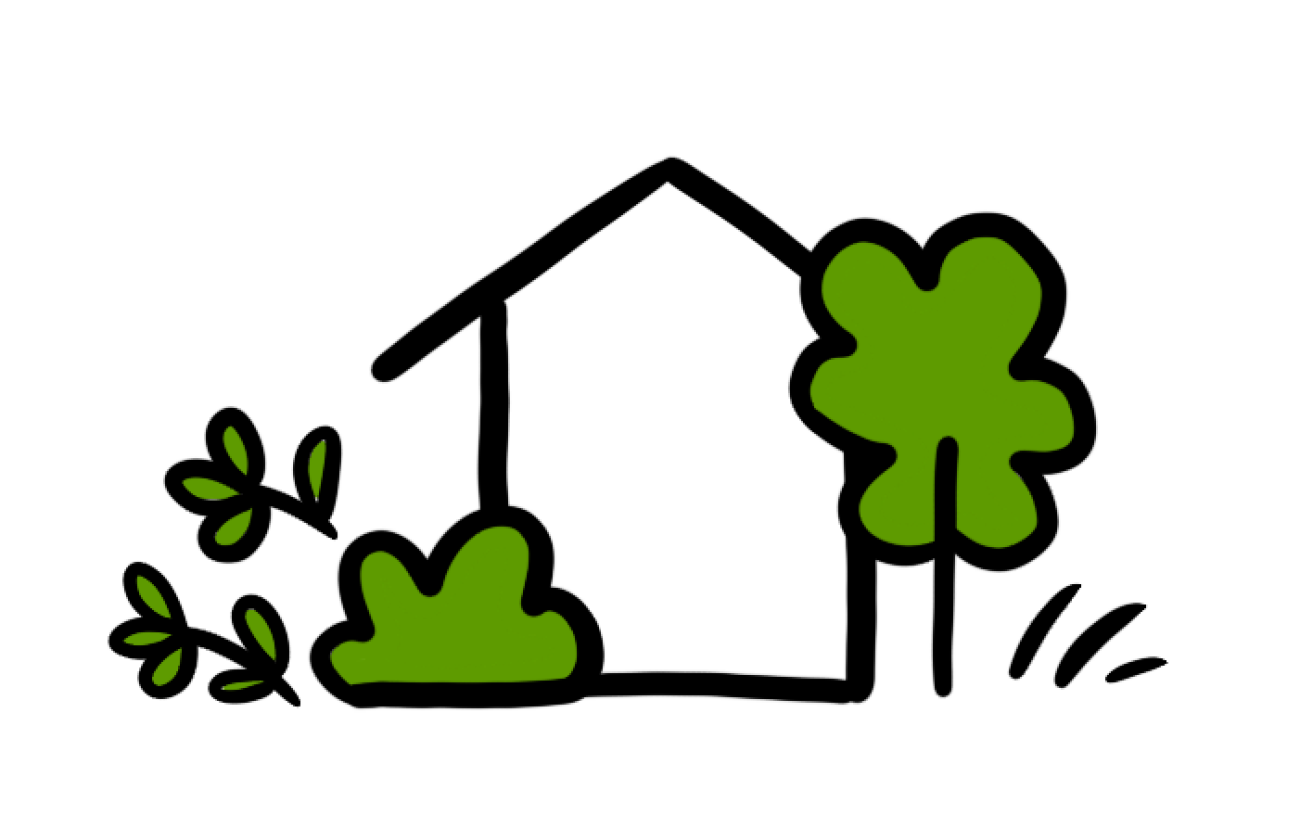 Simplistische tekening van een huis met groene bomen en struiken eromheen.