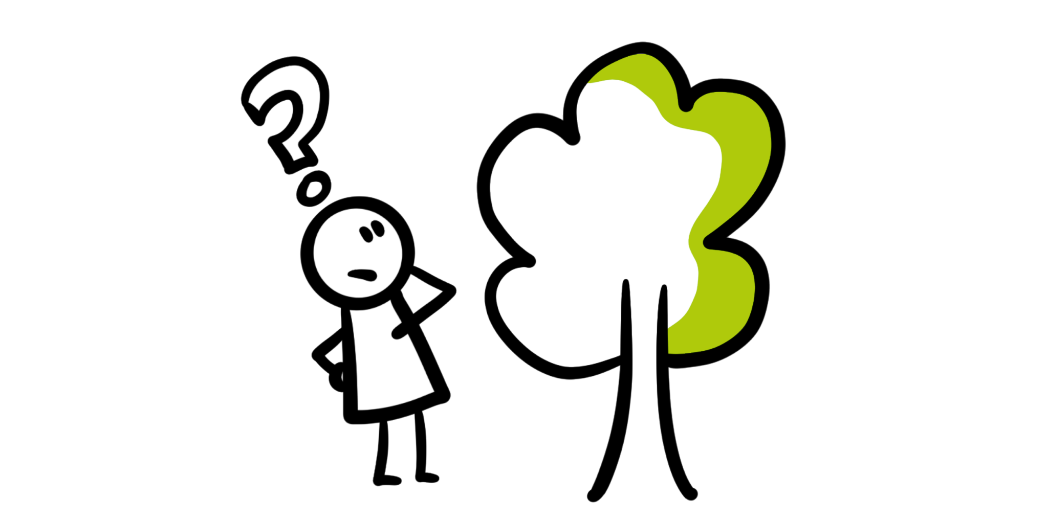 Poppetje met vraagteken staat vragend voor een gestileerde boom.