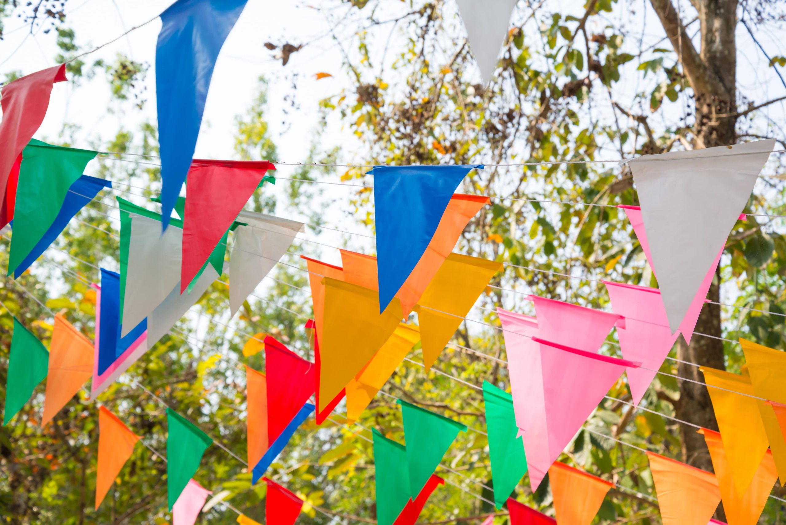 Vrolijke gekleurde vlaggetjes in de open lucht, opgehangen tussen bomen.