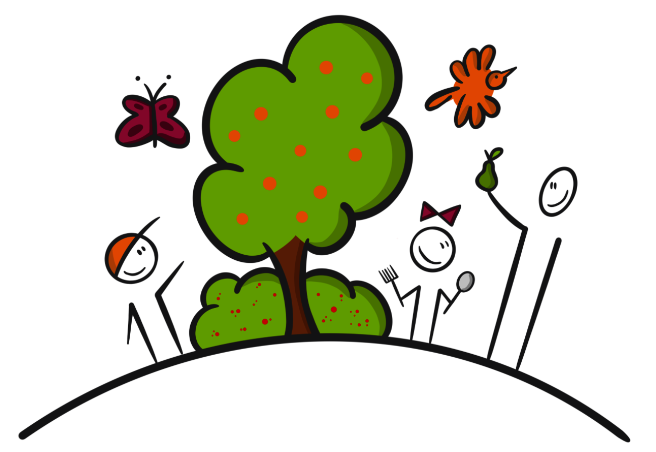 Drie stickfiguren bij een boom met vruchten, een vlinder en vogel eromheen.