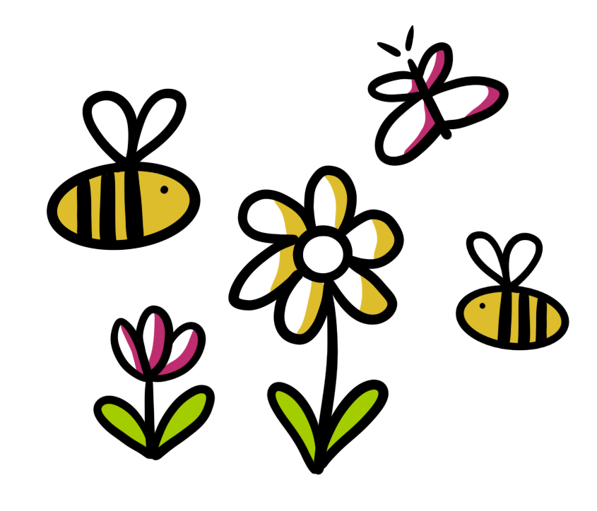 Twee bijen en een vlinder vliegen rond kleurrijke bloemen op een zwarte achtergrond.