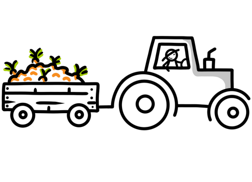 Een getekende tractor met een kar vol wortels en een bestuurder erin.