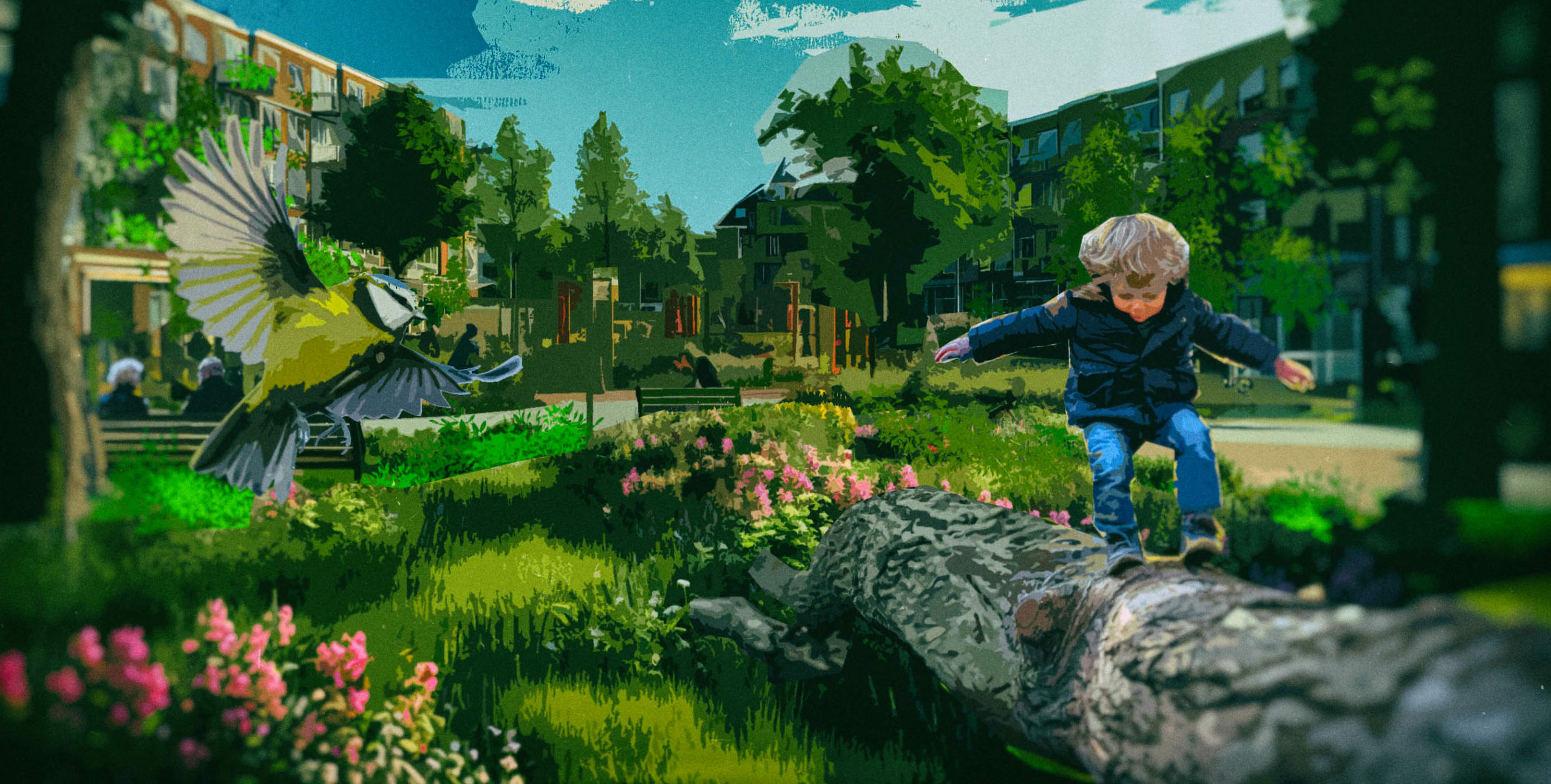 Een kind balanceert op een boomstam, terwijl een vogel voorbij vliegt in een groene, bloeiende tuin.