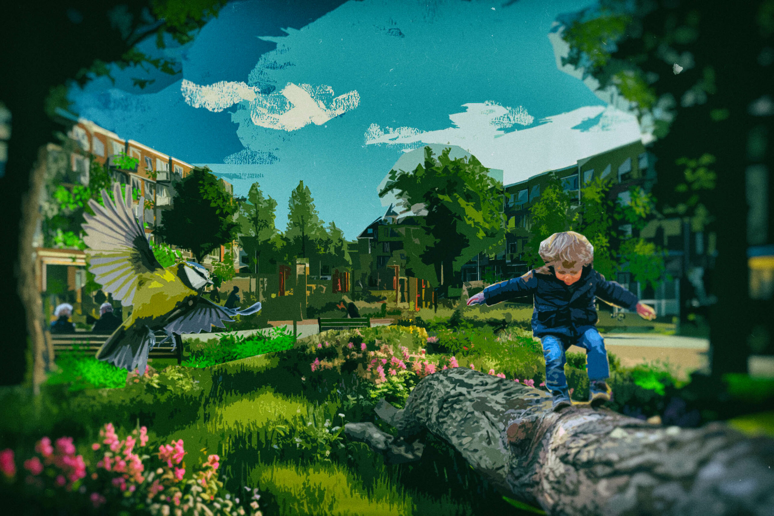 Een kind balanceert op een boomstam in een groene parkachtige omgeving met een vliegende vogel.