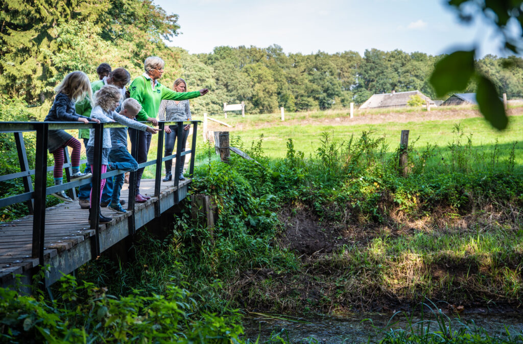 Mensen op een brug observant over een groene weide, met een landelijk landschap op de achtergrond.
